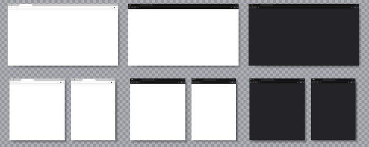 Vector set of browser window mockups with light and dark themes on transparent background perfect for website design presentations and user interface previews browser window mockup web design template
