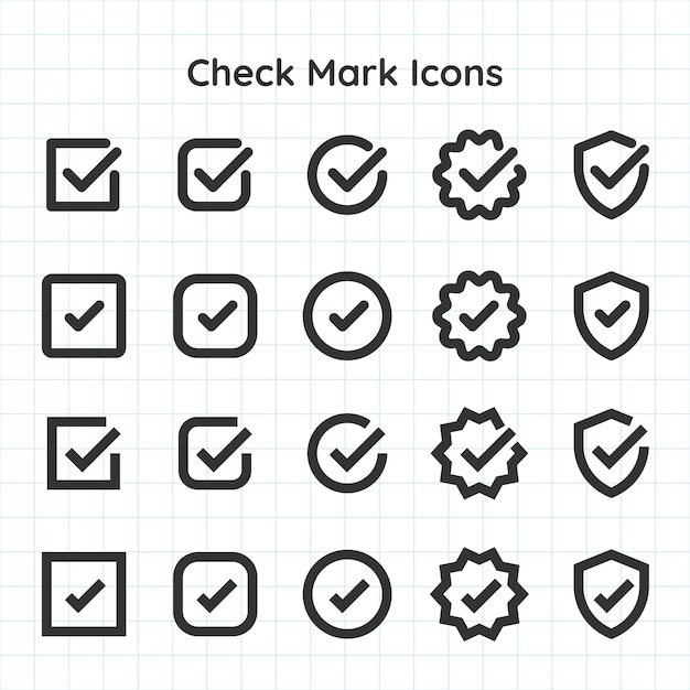 Set of check mark icons in various styles Check marks in squares circles and shields Simple and bold check mark designs on a grid background Vector element set