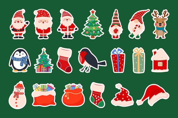 Set of Christmas and New Year stickers with Santa Claus snowman deer and gifts Cute collection