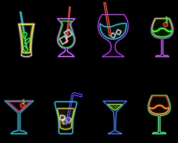 Set of cocktail and wine neon linear icons in flat style various models vector graphics