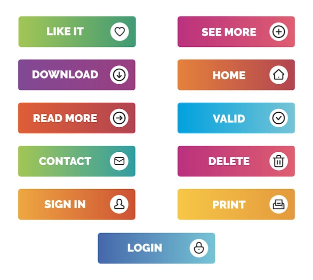 Set of colorful UIUX web button designs gradient call to action button collection