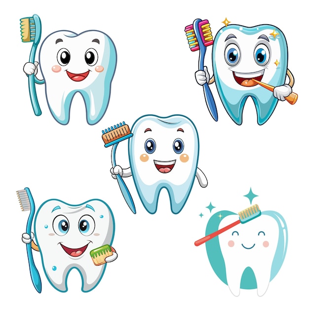 Vector set of cute tooth with toothbrush art draw for decor on white background