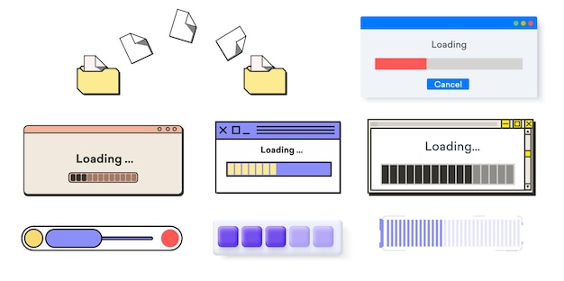 A set of Data loading window with a progress indicator on a white background Retro download bar alert window mock up in classic style Backing up documents in the old interface Vector illustration