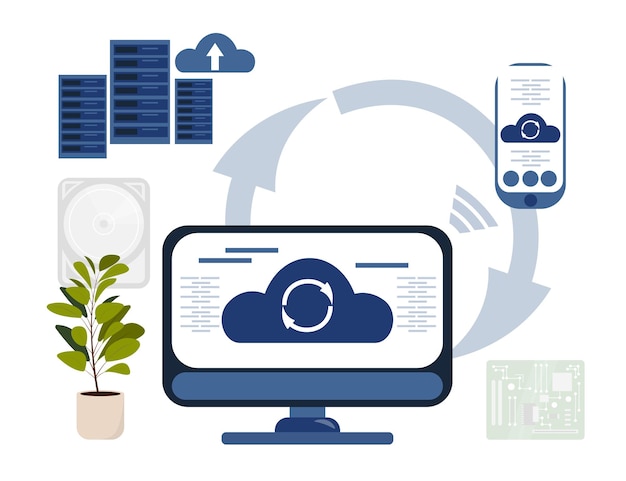 Set of devices with cloud computing in cartoon style Vector illustration of electronic devices computer phone with network cloud computing Storage of files photos videos and data processing