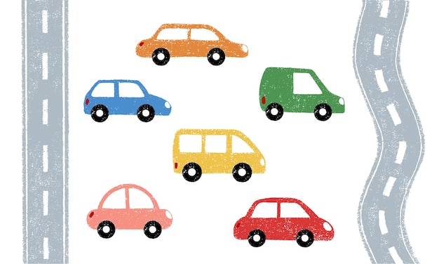 Set of different cars and roads kid drawing chalk pastel crayon or pencil texture Children hand drawn vector illustration design elements