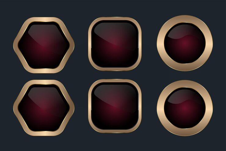 Vector set of different luxury red hexagon buttons with striking hexagonal design six shapes button with smooth glossy surface and deep redtoblack gradient banner