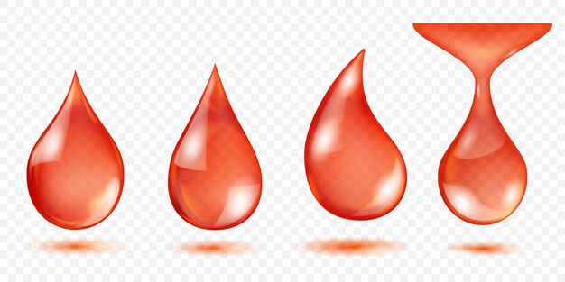 Set of drops of red water with detailed highlights and gradients for a 3D effect set against a transparent background with subtle shadow reflections below Transparency only in vector format