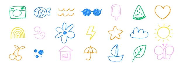 Set of elements of summer or spring with crayon chalk or pastel texture