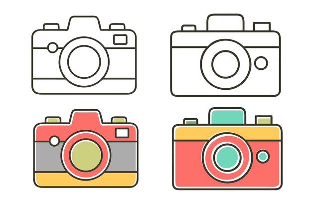 Set of four colorful cameras in line art style