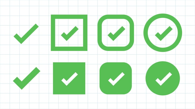 Set of green check marks in various shapes on a grid background Includes square circle and rounded square check marks Green check marks for approval Vector element set