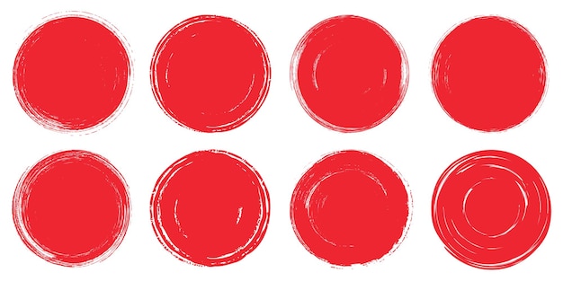 Set of hand drawn red circles grunge brush stroke textures watercolor ink stamps rough round badges