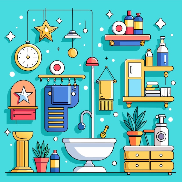 Vector set of interior bathroom and decorations vector illustration