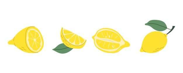 Set of lemons Whole halves cut lemon slices Vector illustration