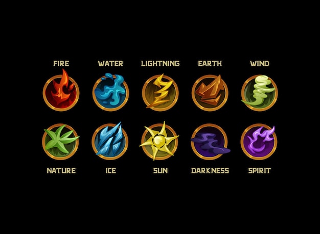 set of magic circle fantasy golden medieval arcane amulet badge symbol and in animal elemental