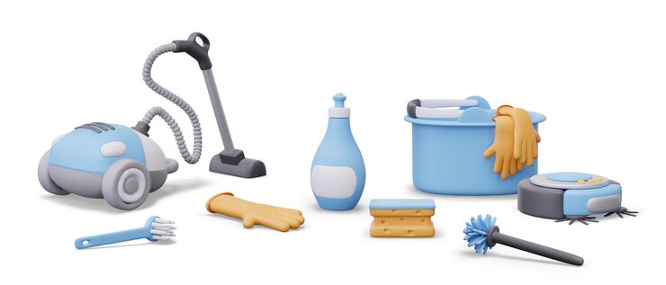 Vector set of modern devices detergents and electrical household appliances for cleaning