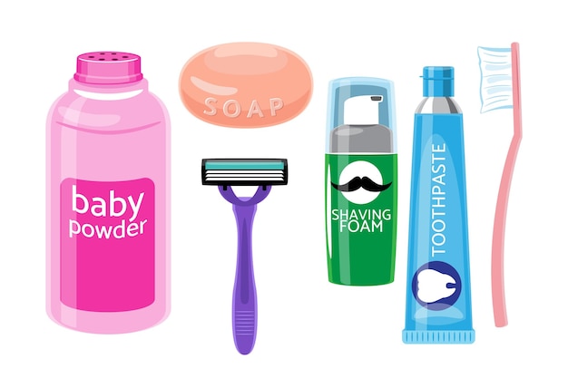 Set of Personal Hygiene and Grooming Products Toothbrush Soap Razor Baby Powder