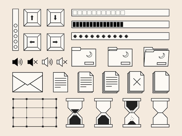 Set of retro computer interface design elements buttons documents and folders symbols interfaces and loading bars in 2000s aesthetics Vector illustration and graphic design elements