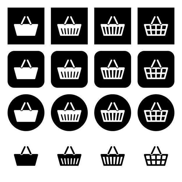 Set of shopping basket icons Set of black and white round and square icons