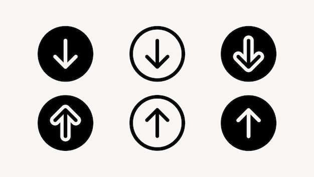 Set of six arrow icons Arrows pointing up and down Black and white arrow designs Circular arrow icons Minimalist arrow graphics Simple arrow symbols User interface icons UI icon vector set
