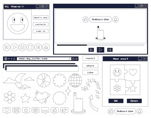 A set of stickers and icons in retro aesthetics old computer style User interface elements dialog boxes player buttons Nostalgic Y2K design objects for web and social networks Vector illustration