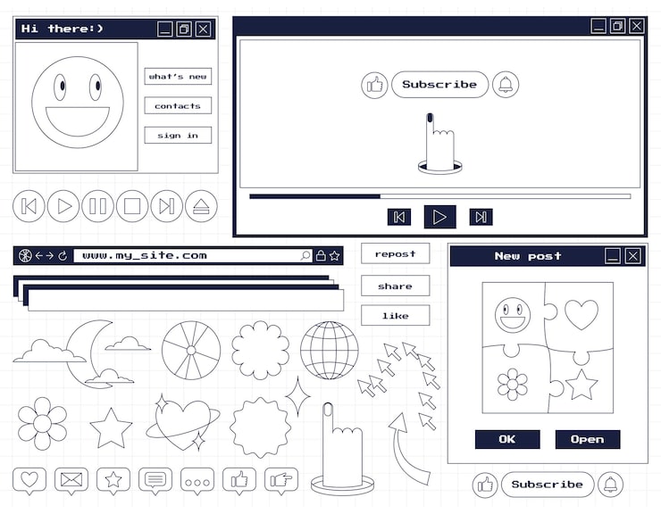 Vector a set of stickers and icons in retro aesthetics old computer style user interface elements dialog boxes player buttons nostalgic y2k design objects for web and social networks vector illustration