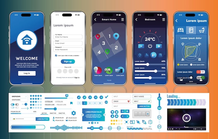 Vector a set of ui ux elements for smart home management mobile apps an interface with buttons panels graphs and navigation for monitoring and controlling automation systems
