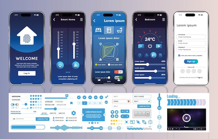 Vector a set of ui ux elements for smart home management mobile apps an interface with buttons panels graphs and navigation for monitoring and controlling automation systems