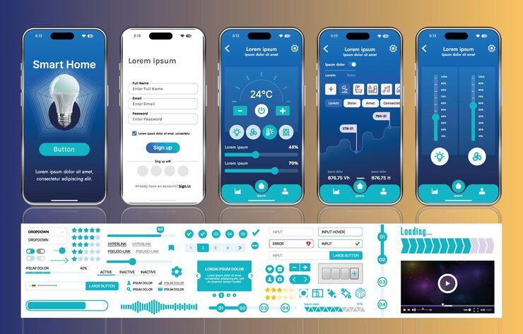 Vector a set of ui ux elements for smart home management mobile apps an interface with buttons panels graphs and navigation for monitoring and controlling automation systems