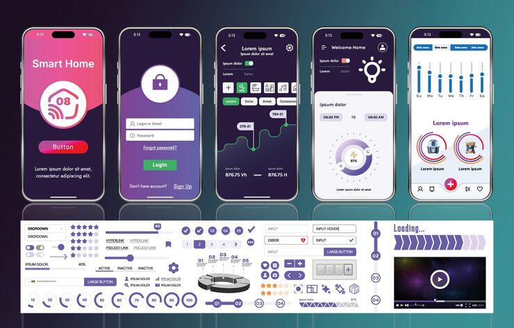 Vector a set of ui ux elements for smart home management mobile apps an interface with buttons panels graphs and navigation for monitoring and controlling automation systems