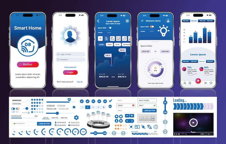 Vector a set of ui ux elements for smart home management mobile apps an interface with buttons panels graphs and navigation for monitoring and controlling automation systems