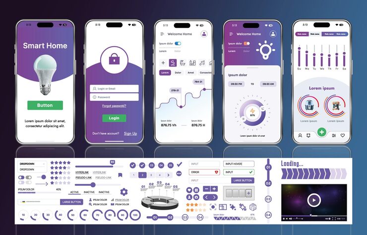 Vector a set of ui ux elements for smart home management mobile apps an interface with buttons panels graphs and navigation for monitoring and controlling automation systems