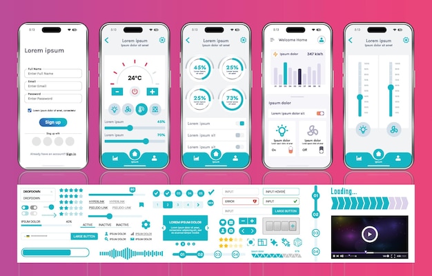 A set of UI UX elements for smart home management mobile apps an interface with buttons panels graphs and navigation for monitoring and controlling automation systems