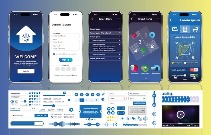 Vector a set of ui ux elements for smart home management mobile apps an interface with buttons panels graphs and navigation for monitoring and controlling automation systems