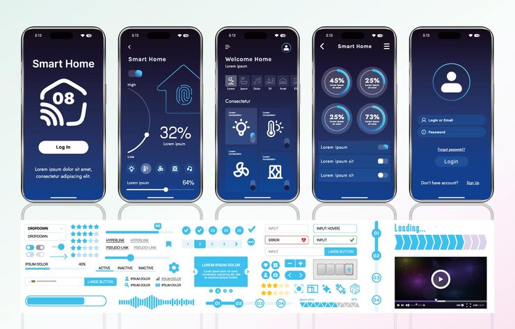 Vector a set of ui ux elements for smart home management mobile apps an interface with buttons panels graphs and navigation for monitoring and controlling automation systems