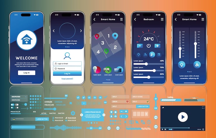 Vector a set of ui ux elements for smart home management mobile apps an interface with buttons panels graphs and navigation for monitoring and controlling automation systems