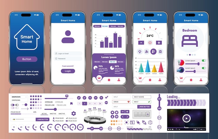 Vector a set of ui ux elements for smart home management mobile apps an interface with buttons panels graphs and navigation for monitoring and controlling automation systems