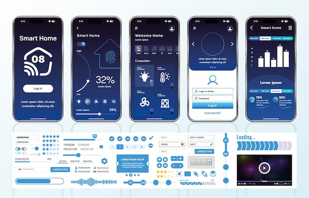 A set of UI UX elements for smart home management mobile apps an interface with buttons panels graphs and navigation for monitoring and controlling automation systems