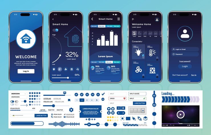 Vector a set of ui ux elements for smart home management mobile apps an interface with buttons panels graphs and navigation for monitoring and controlling automation systems