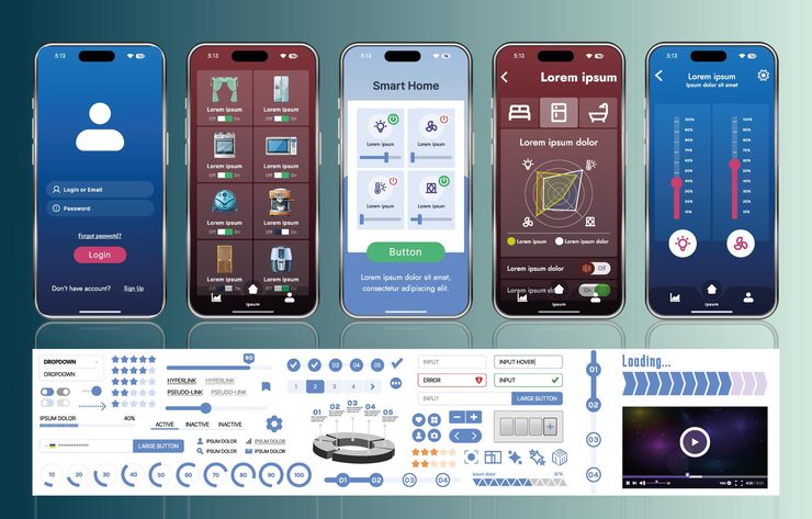 Vector a set of ui ux elements for smart home management mobile apps an interface with buttons panels graphs and navigation for monitoring and controlling automation systems