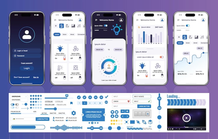 Vector a set of ui ux elements for smart home management mobile apps an interface with buttons panels graphs and navigation for monitoring and controlling automation systems