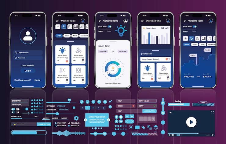 Vector a set of ui ux elements for smart home management mobile apps an interface with buttons panels graphs and navigation for monitoring and controlling automation systems