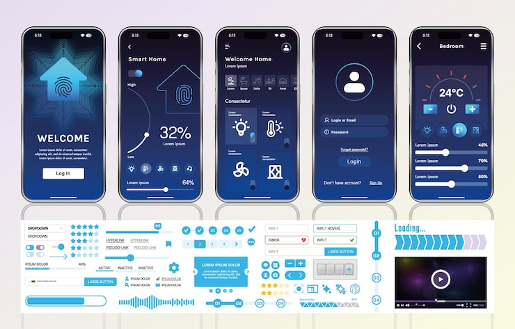 Vector a set of ui ux elements for smart home management mobile apps an interface with buttons panels graphs and navigation for monitoring and controlling automation systems