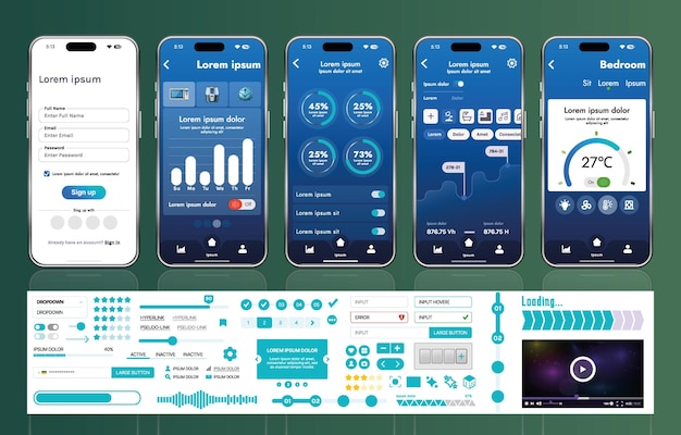 A set of UI UX elements for smart home management mobile apps an interface with buttons panels graphs and navigation for monitoring and controlling automation systems