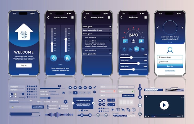 A set of UI UX elements for smart home management mobile apps an interface with buttons panels graphs and navigation for monitoring and controlling automation systems