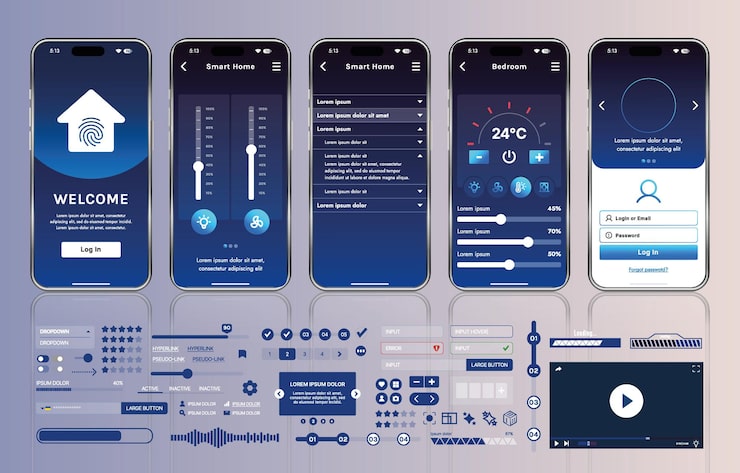 Vector a set of ui ux elements for smart home management mobile apps an interface with buttons panels graphs and navigation for monitoring and controlling automation systems