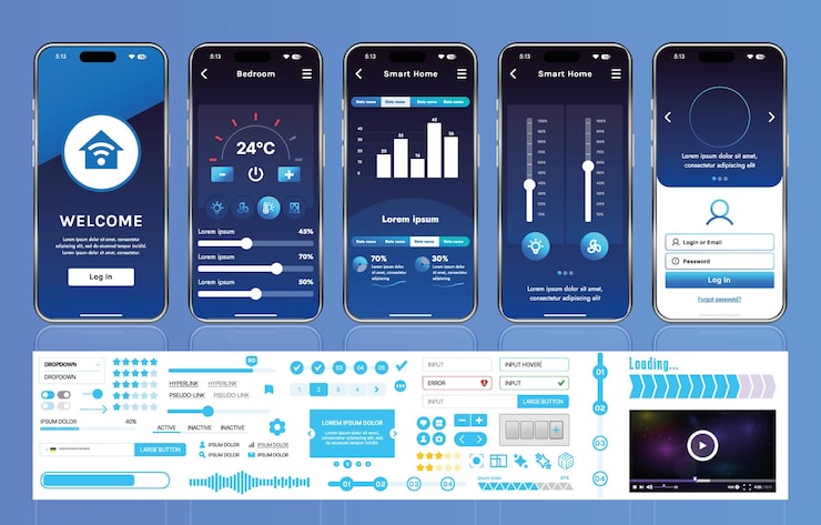 Vector a set of ui ux elements for smart home management mobile apps an interface with buttons panels graphs and navigation for monitoring and controlling automation systems