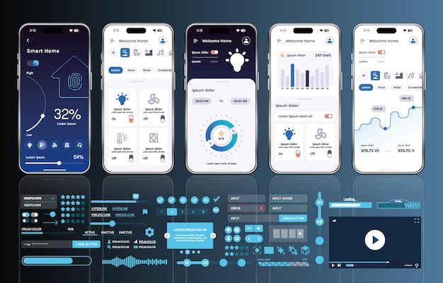 A set of UI UX elements for smart home management mobile apps an interface with buttons panels graphs and navigation for monitoring and controlling automation systems