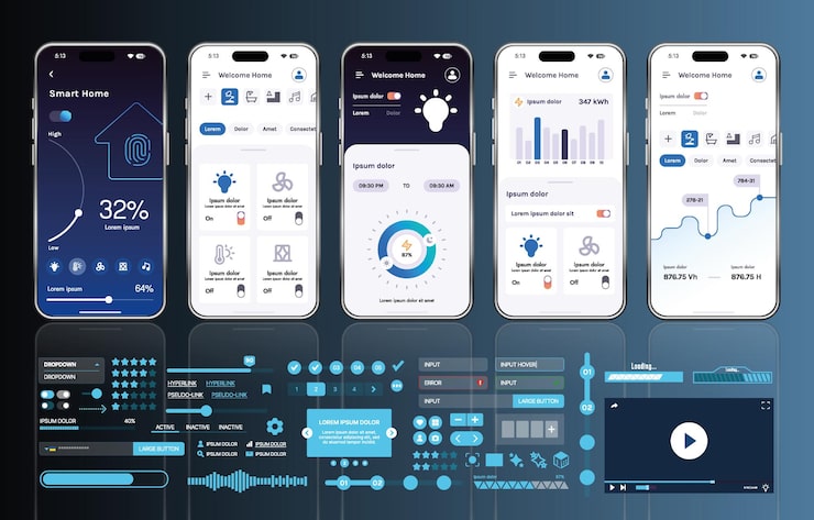 Vector a set of ui ux elements for smart home management mobile apps an interface with buttons panels graphs and navigation for monitoring and controlling automation systems