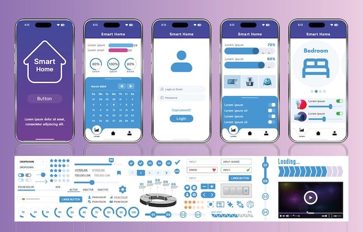 Vector a set of ui ux elements for smart home management mobile apps an interface with buttons panels graphs and navigation for monitoring and controlling automation systems