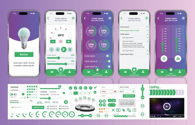 Vector a set of ui ux elements for smart home management mobile apps an interface with buttons panels graphs and navigation for monitoring and controlling automation systems